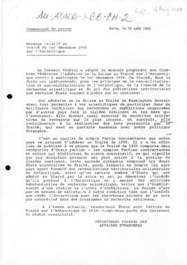 Switzerland, Department of Foreign Affairs, Press release concerning accession to the Antarctic T...