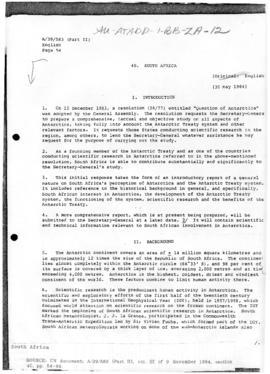 South Africa and Antarctica, United Nations General Assembly, document A/39/583(Part II)
