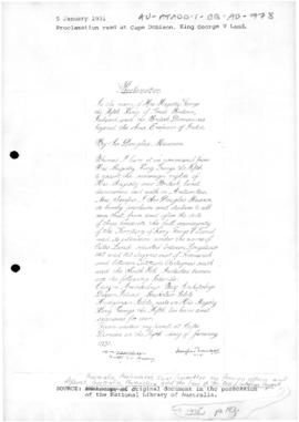 Proclamation read by Douglas Mawson at Cape Denison, King George V Land during the second BANZARE...