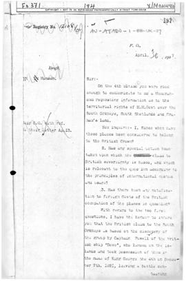 British note to Norway giving information on British claims to the South Orkney Islands, South Sh...