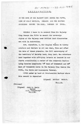 Proclamation made from the air over the Antarctic continent near Proclamation Island during the f...
