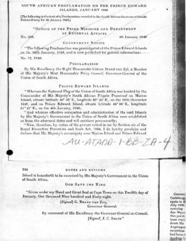 South African proclamations on the Marion and Prince Edward Islands