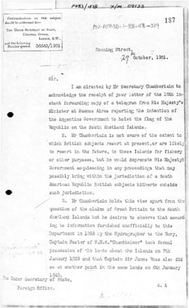 Colonial Office letter to British Foreign Office concerning Argentine actions at South Shetland I...